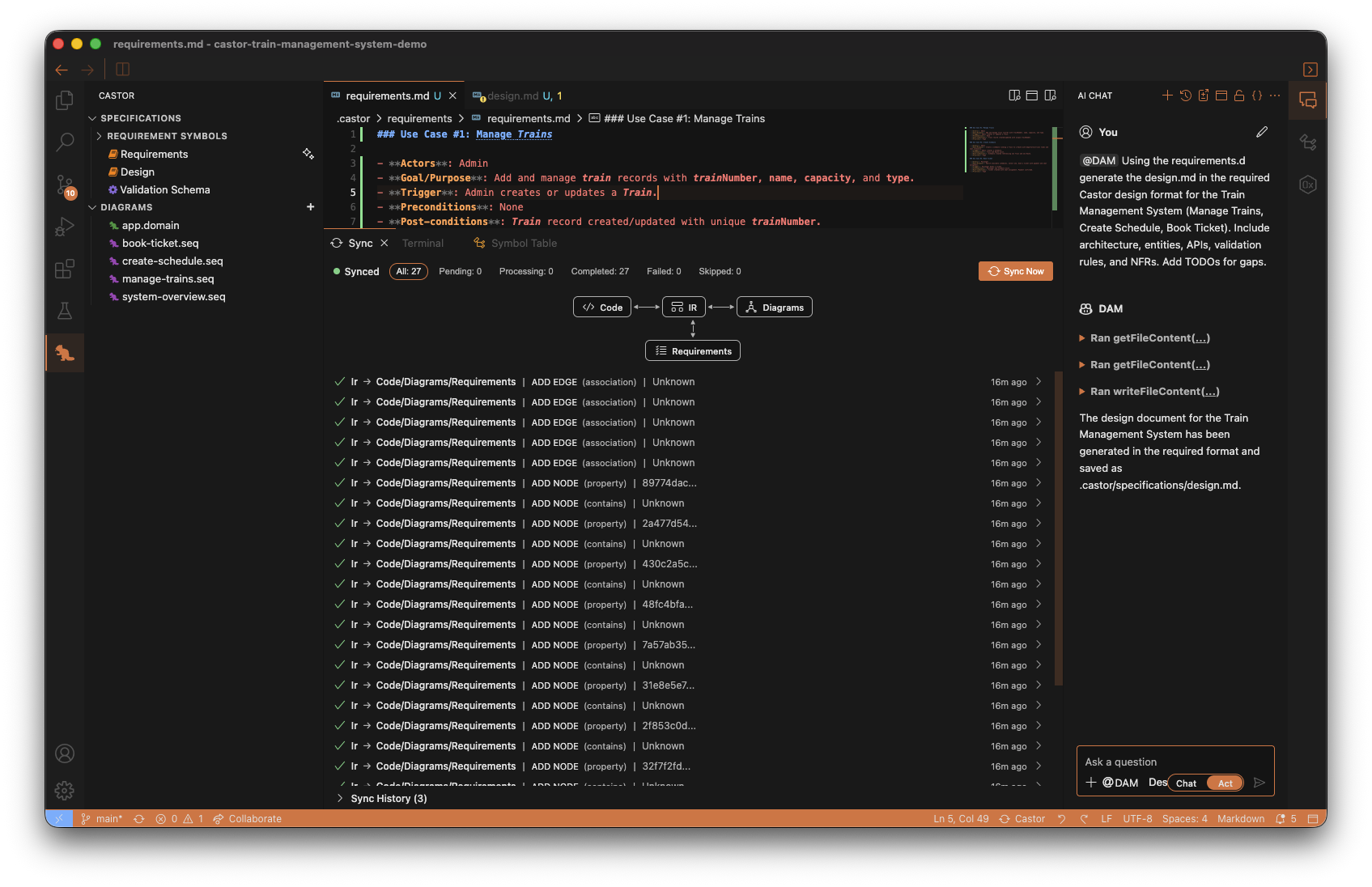 Sync tab showing Castor Sync events after requirement analysis